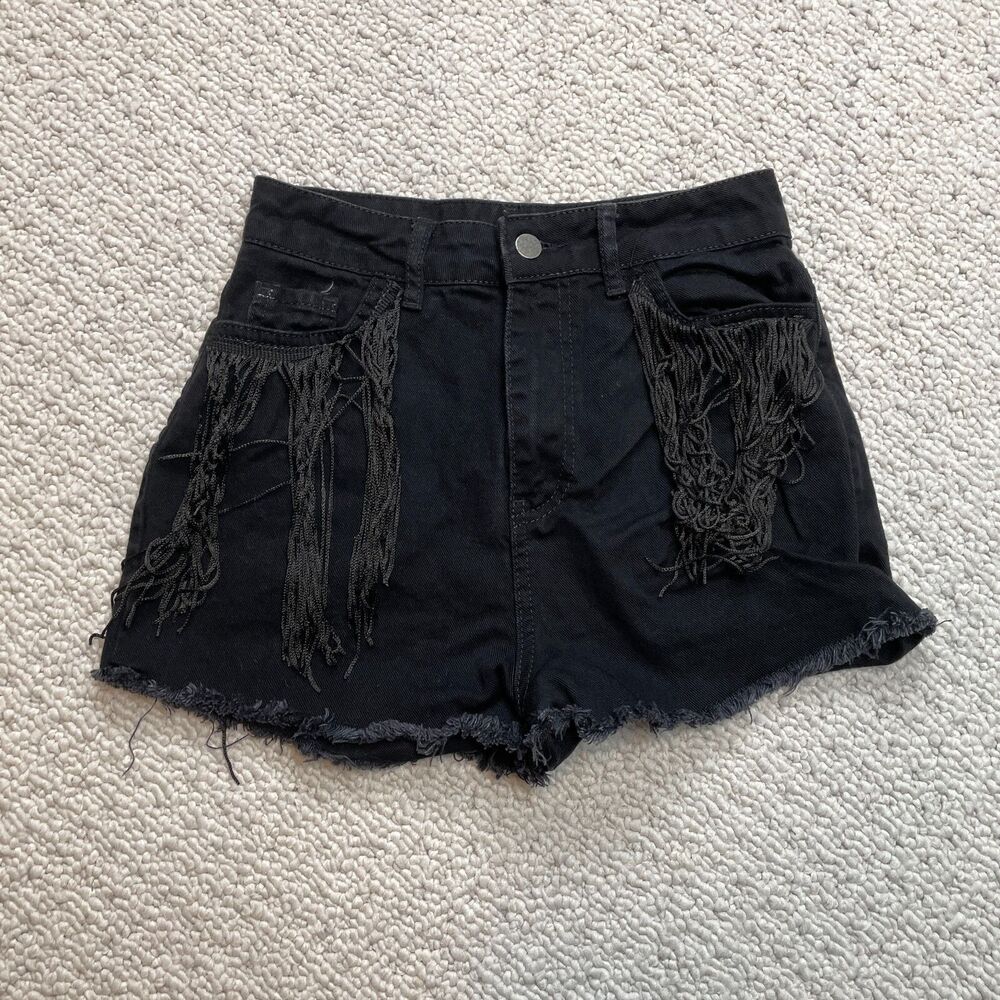 Boohoo Blue Women’s Black Cutoff Jean Shorts Distressed Size 2 Fringed Raw Bots